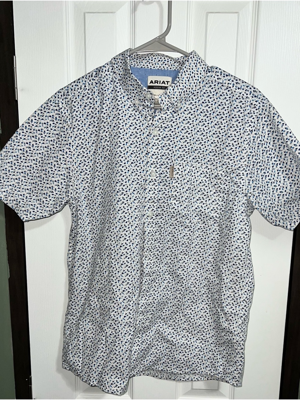 Ariat Short-Sleeve Button-Down Shirt in White with Blue Micro Print